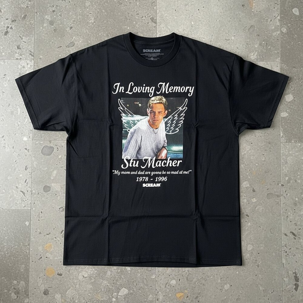 Stu Macher In Loving Memory Horror Movie Memorial Graphic Tee Black